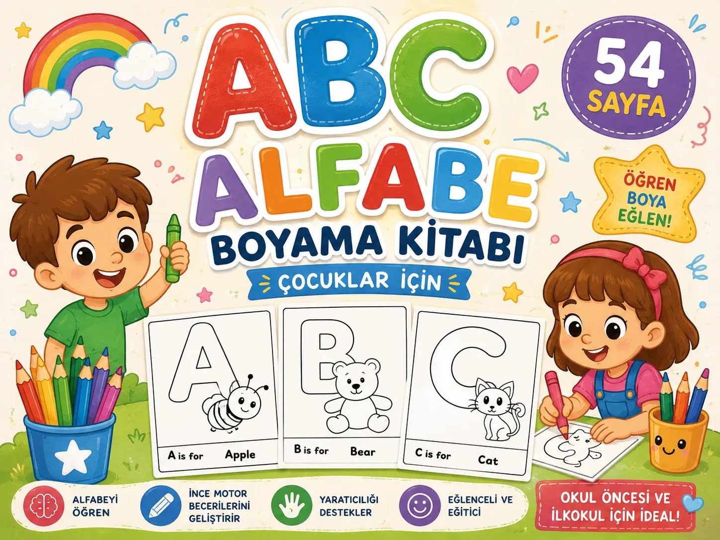 Çocuklar İçin ABC Alfabe Boyama Kitabı – 54 Sayfa