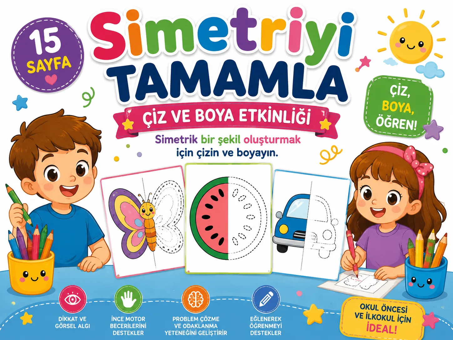 Simetriyi Tamamla: Çiz ve Boya Etkinliği – 15 Sayfa