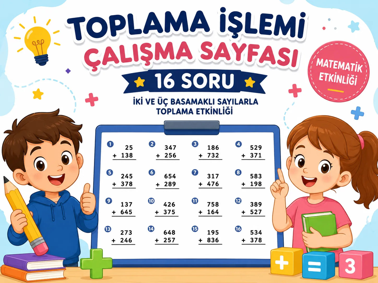İki ve Üç Basamaklı Toplama Çalışma Sayfası 16 Soru 65