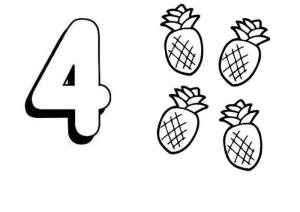 4 Rakamı (Dört) boyama sayfası,  coloring page, 4 ananas ile 4 numara, 