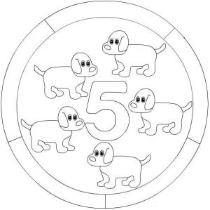 5 Rakamı (Beş) boyama sayfası,  coloring page, 5 köpekle 5 numara, 