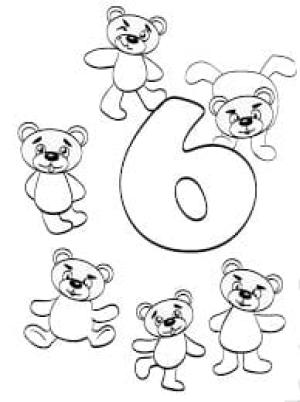 6 Rakamı (Altı) boyama sayfası,  coloring page, 6 oyuncak ayı ile 6 numara, 