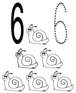 6 Rakamı (Altı) boyama sayfası,  coloring page, 6 salyangoz ile 6 numara, 