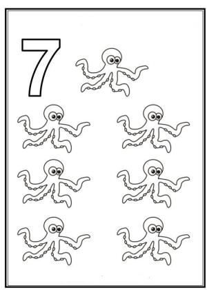 7 Rakamı (Yedi) boyama sayfası,  coloring page, 7 ahtapot ile 7 sayısı, 