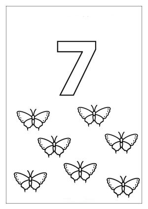 7 Rakamı (Yedi) boyama sayfası,  coloring page, 7 kelebek ile 7 sayısı, 