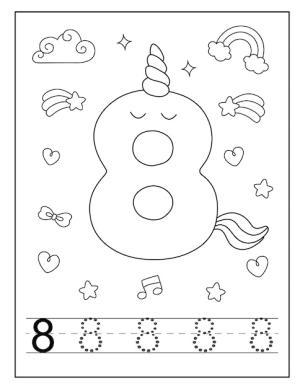 8 Rakamı (Sekiz) boyama sayfası,  coloring page, Tek boynuzlu at stilinde 8 numara, 