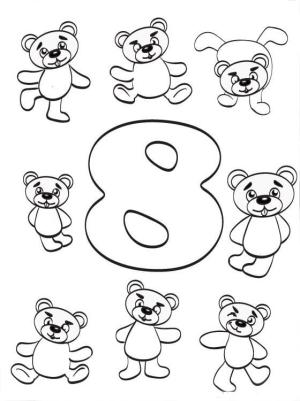 8 Rakamı (Sekiz) boyama sayfası,  coloring page, 8 oyuncak ayı ile 8 numara, 