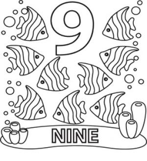 9 Rakamı (Dokuz) boyama sayfası,  coloring page, 9 kelebek balık, 