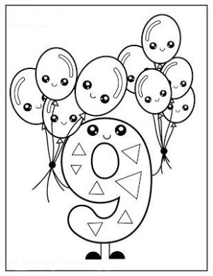 9 Rakamı (Dokuz) boyama sayfası,  coloring page, 9 balonlu 9 numara, 