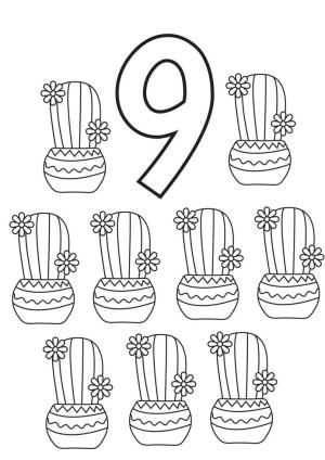 9 Rakamı (Dokuz) boyama sayfası,  coloring page, 9 kaktüs saksılı 9 numara, 