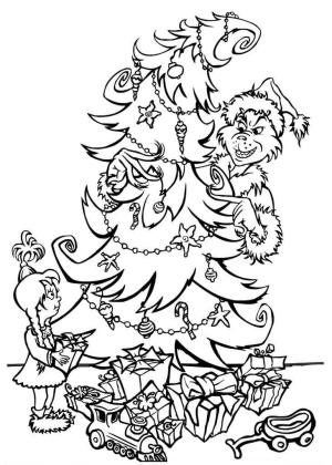 Ağaç boyama sayfası,  coloring page, Grinch Noel Ağacı Süsliyor, 