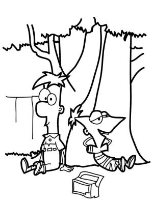 Ağaç boyama sayfası,  coloring page, Ağacın Altında Phineas Ve Ferb, 