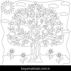 Ağaç boyama sayfası – sevimli karakter, sanatsal çalışma