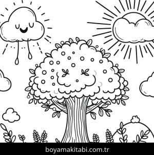 Ağaç boyama sayfası,  coloring page, karakterli, çizgi, mutlu