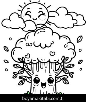 Ağaç boyama sayfası,  coloring page, mutlu, klasik, çizgi