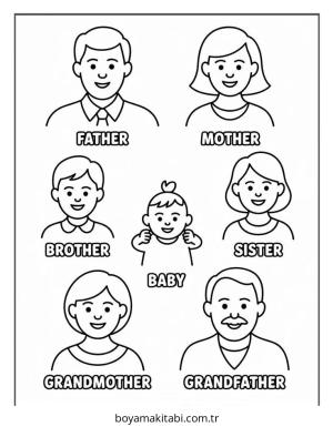 Aile boyama sayfası – renkli çizimler, okul öncesi