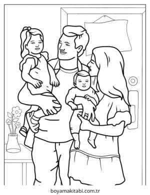 Aile boyama sayfası – PDF indir, sevimli karakter