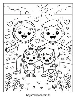 Aile boyama sayfası – sevimli karakter, sanatsal çalışma