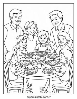 Aile boyama sayfası – çizgi film temalı, basit çizim