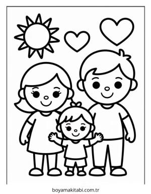 Aile boyama sayfası – çizgi film temalı, basit çizim
