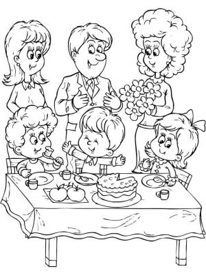 Aile boyama sayfası,  coloring page, Doğum günü Partisinde Aile, 