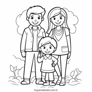 Aile boyama sayfası – çizgi film temalı, basit çizim