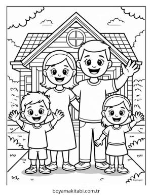 Aile boyama sayfası – keyifli zaman, renkli çizimler