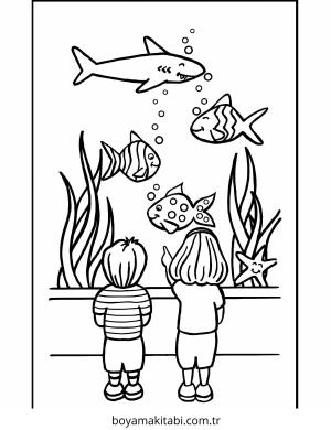 Akvaryum boyama sayfası – renkli çizimler, okul öncesi