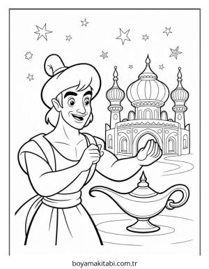 Aladdin boyama sayfası – kolay boyama, eğitici aktivite
