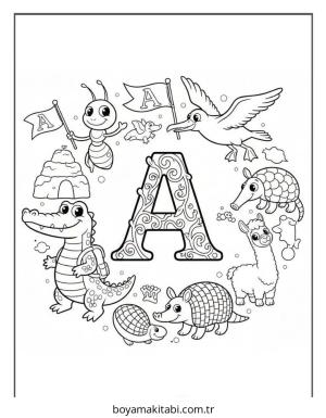 Alfabe boyama sayfası – PDF indir, sevimli karakter