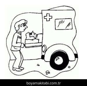 Ambulans boyama sayfası – renkli çizimler, okul öncesi
