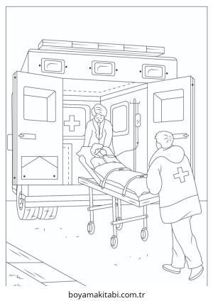 Ambulans boyama sayfası – PDF indir, sevimli karakter