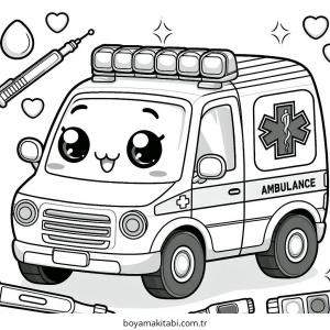 Ambulans boyama sayfası – PDF indir, sevimli karakter