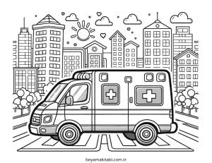 Ambulans boyama sayfası – çizgi film temalı, basit çizim