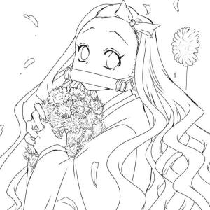 Anime Kızı boyama sayfası,  coloring page, Çiçekli Nezuko, 