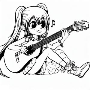 Anime Kızı boyama sayfası,  coloring page, Gitarlı Anime Kızı, 