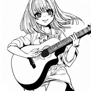 Anime Kızı boyama sayfası,  coloring page, Anime Kız Gitar Çalıyor, 