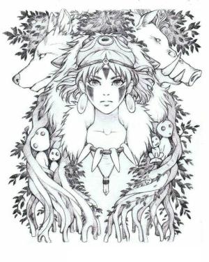 Anime Prenses boyama sayfası,  coloring page, Prenses Mononoke’yi çiz, 