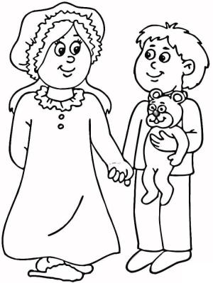 Anneler boyama sayfası,  coloring page, anne ve oğlu pijama, 