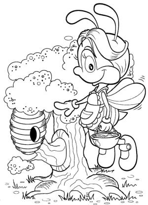 Arı boyama sayfası,  coloring page, Bir kova nektarla kovana uçan çalışkan bir arı, 