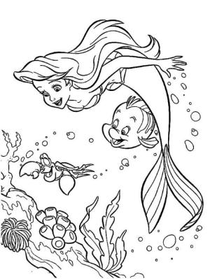 Ariel boyama sayfası, Ariel coloring page, Balık ve Yengeç ile Yüzme Deniz Kızı Ariel, 