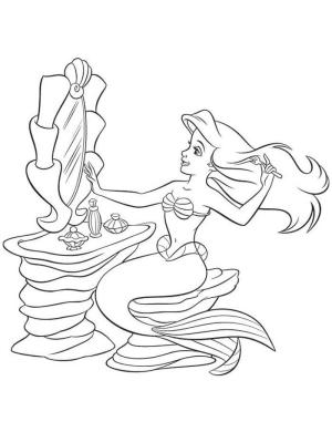 Ariel boyama sayfası, Ariel coloring page, Denizkızı Ariel Aynanın Önünde Saçını Tarıyor, 