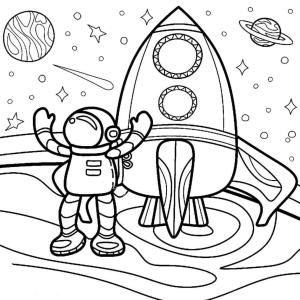 Astronotlar boyama sayfası,  coloring page, Roket ile Karikatür Astronot, 