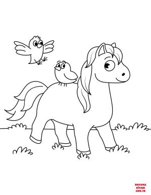 At boyama sayfası, Horse coloring page, , horses cute horse and two little birds 