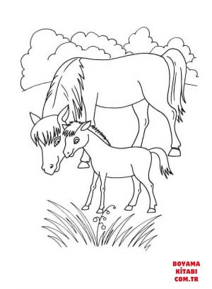 At boyama sayfası, Horse coloring page, , horses mother horse and foal 