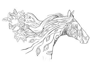 At boyama sayfası, Horse coloring page, Kelebek Mandala ile At Portresi, 