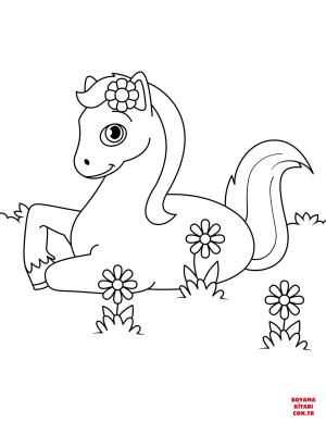 At boyama sayfası, Horse coloring page, , horses cute horse laying down in flowers 