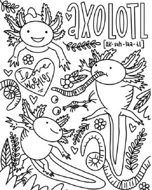 Axolotl boyama sayfası,  coloring page, Üç komik aksolotl, 