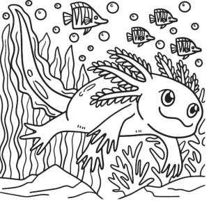 Axolotl boyama sayfası,  coloring page, Axolotl bir balık sürüsü arasında yüzüyor, 