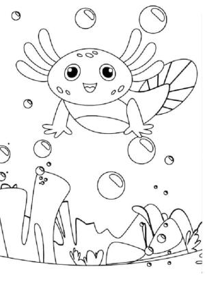 Axolotl boyama sayfası,  coloring page, Baloncuklar arasında Axolotl., 